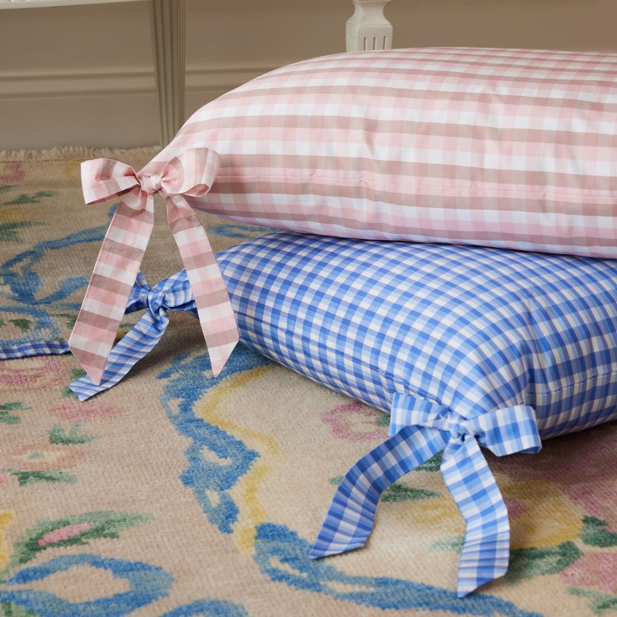 Vichy Check Bow Pillow Cover in Cornflower Blue