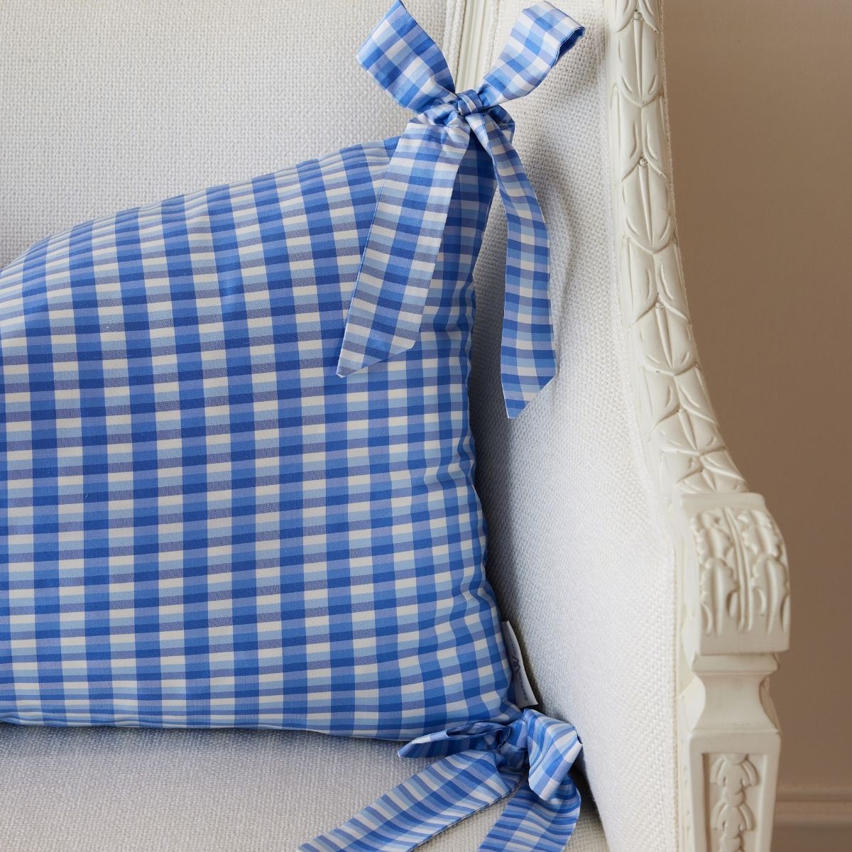Vichy Check Bow Pillow Cover in Cornflower Blue