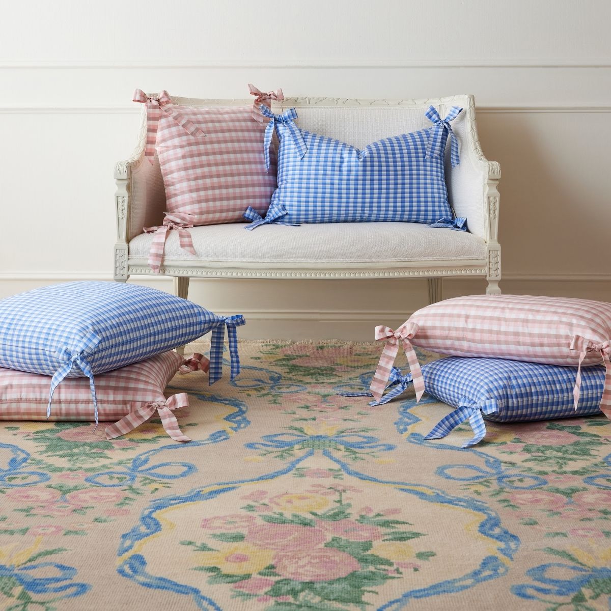 Vichy Check Bow Pillow Cover in Blush