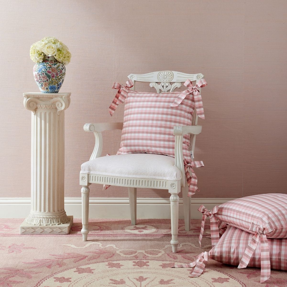 Vichy Check Bow Pillow Cover in Blush