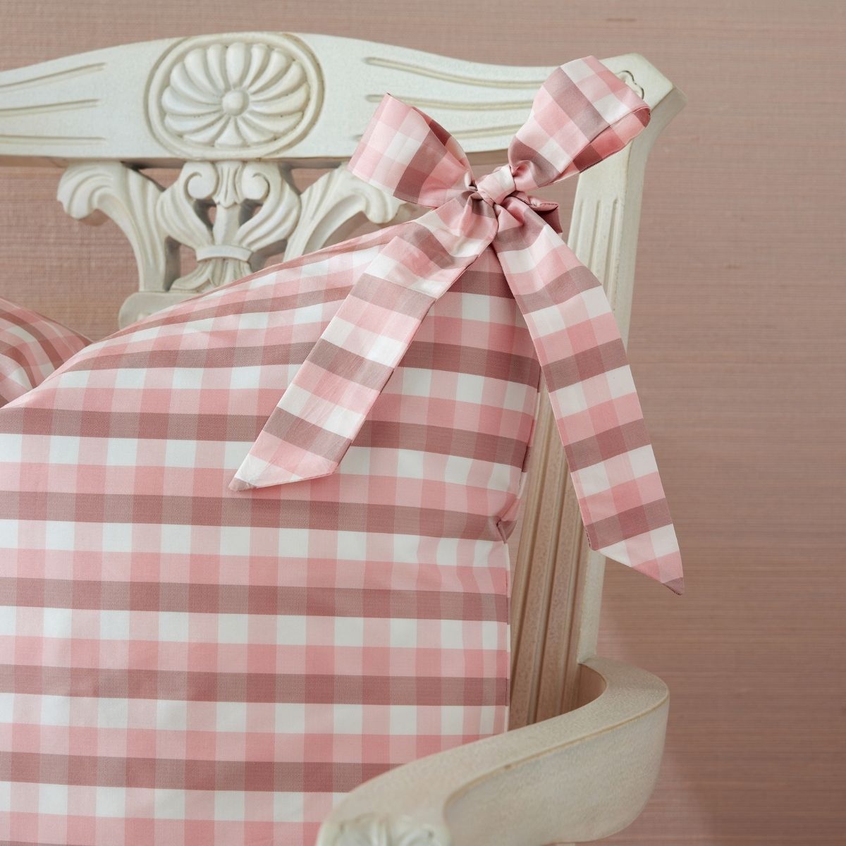 Vichy Check Bow Pillow Cover in Blush