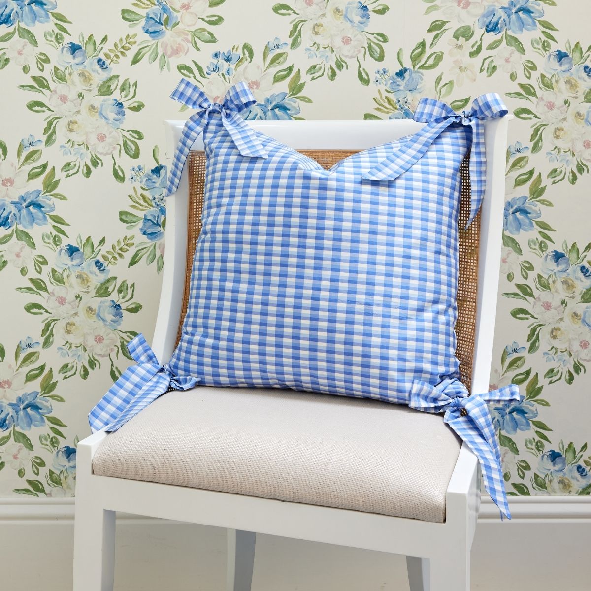 Vichy Check Bow Pillow Cover in Cornflower Blue