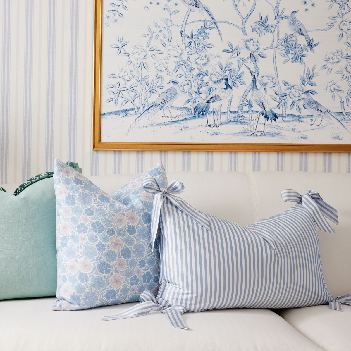 Noelle Bow Pillow Cover in French Blue