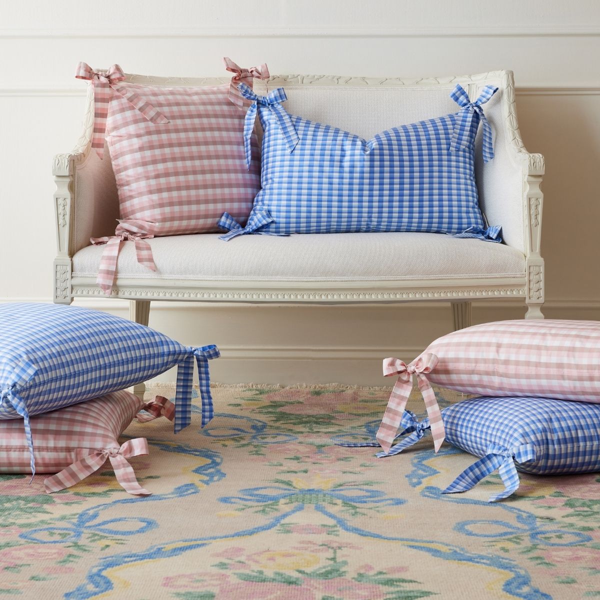 Vichy Check Bow Pillow Cover in Cornflower Blue
