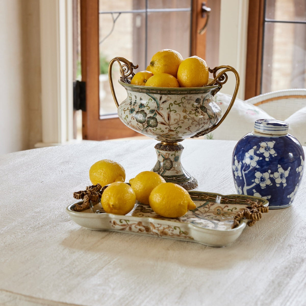 Chinoiserie Bow Handle Pedestal Vase in Vert de Terre - Caitlin Wilson Designs