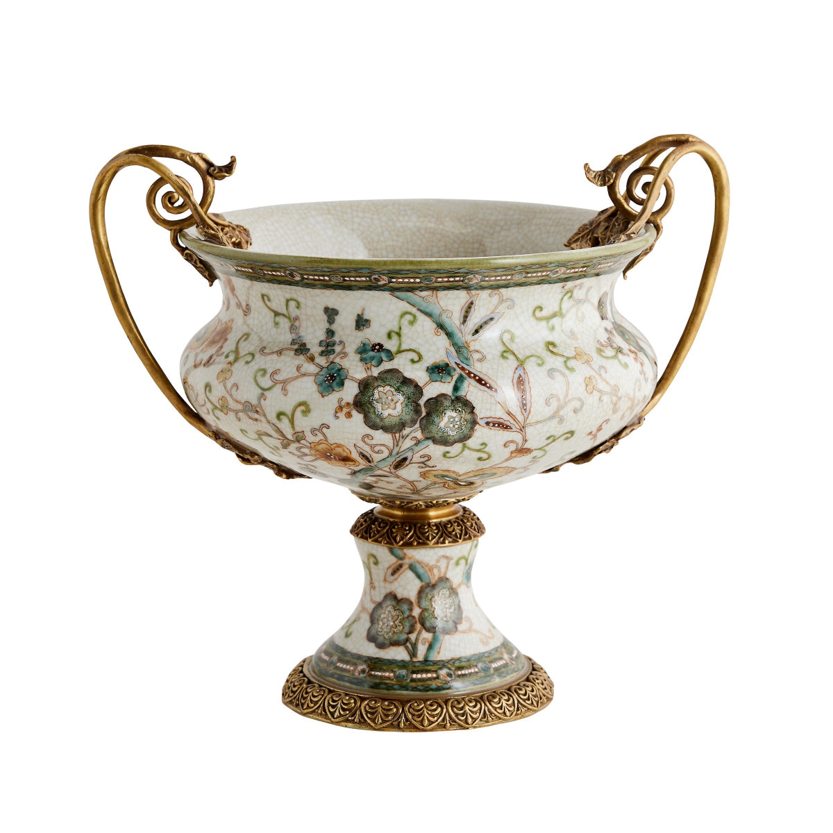 Chinoiserie Bow Handle Pedestal Vase in Vert de Terre - Caitlin Wilson Designs