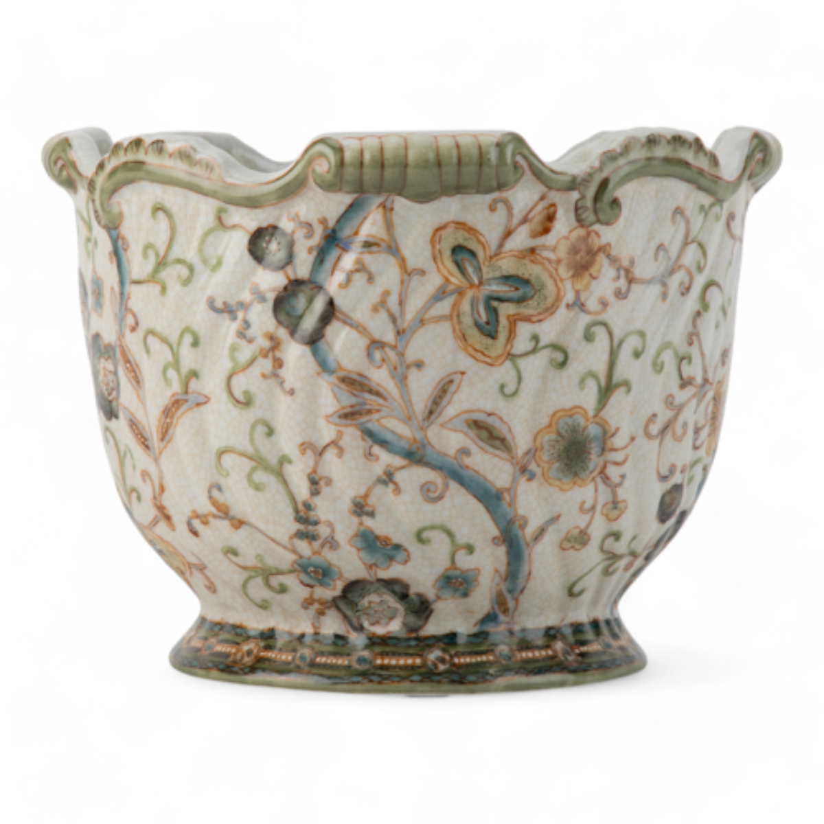 Hand-Painted Scalloped Ceramic Cachepot with Floral Motif - Caitlin Wilson Design
