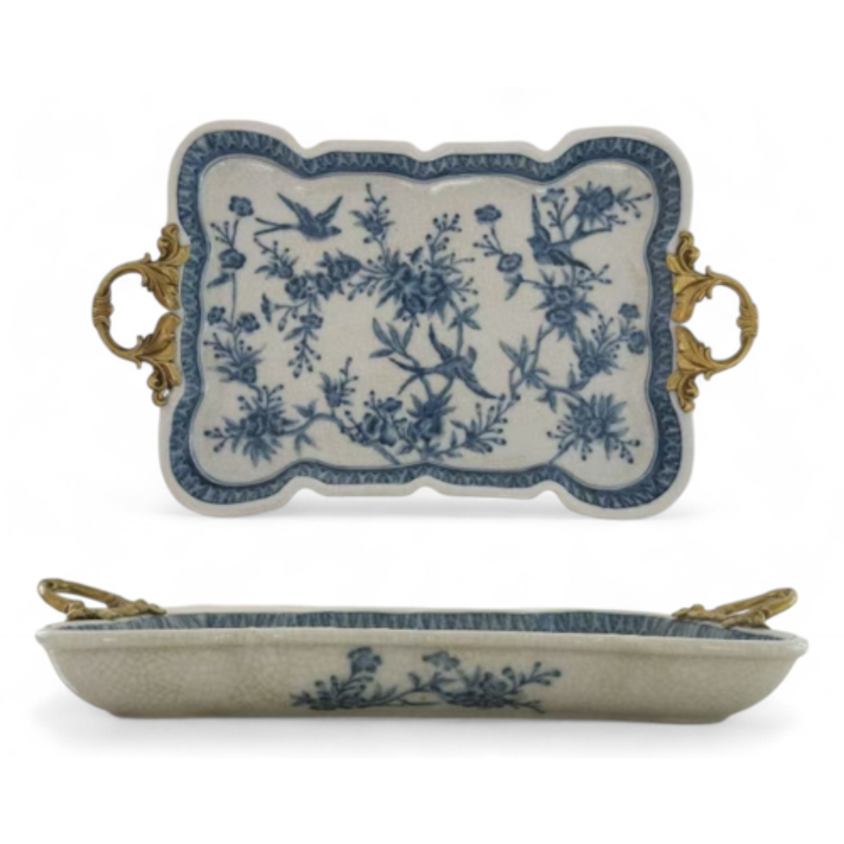 Blue and White Floral Porcelain Tray with Ornate Brass Handles- Caitlin Wilson Design