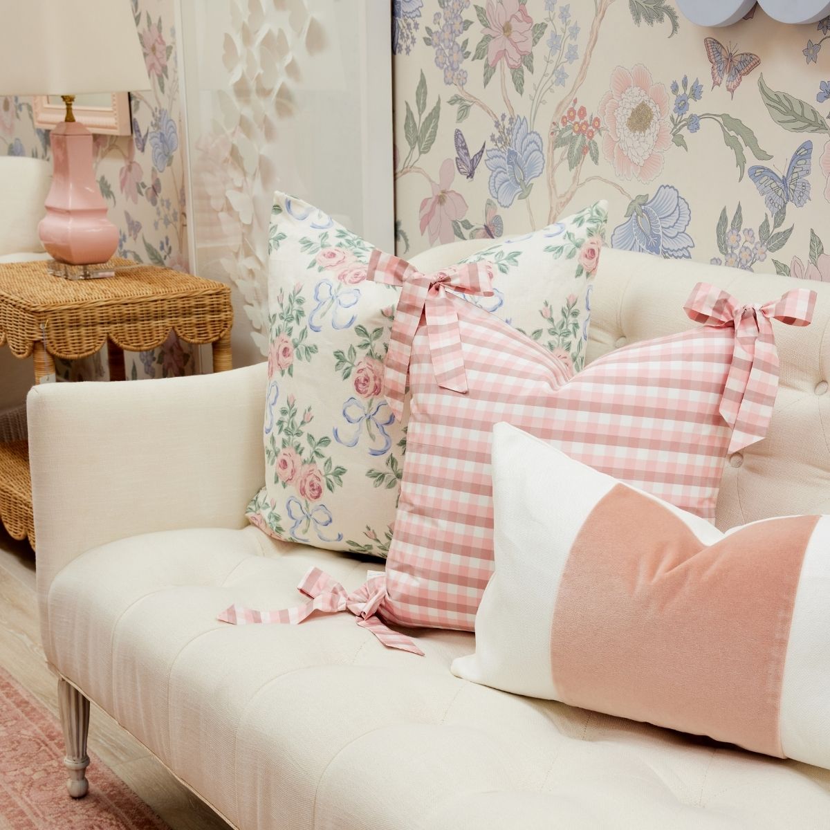 Vichy Check Bow Pillow Cover in Blush