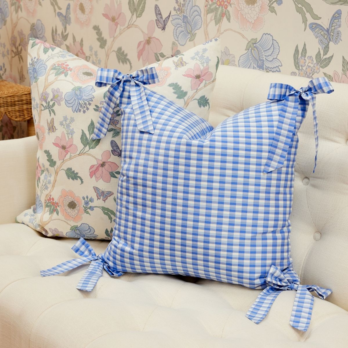 Vichy Check Bow Pillow Cover in Cornflower Blue