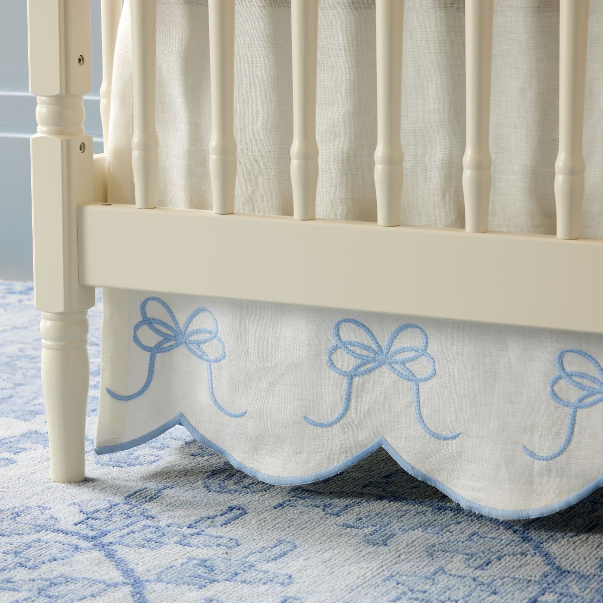 Bow Scalloped Crib Skirt in Soft Blue - Caitlin Wilson Design