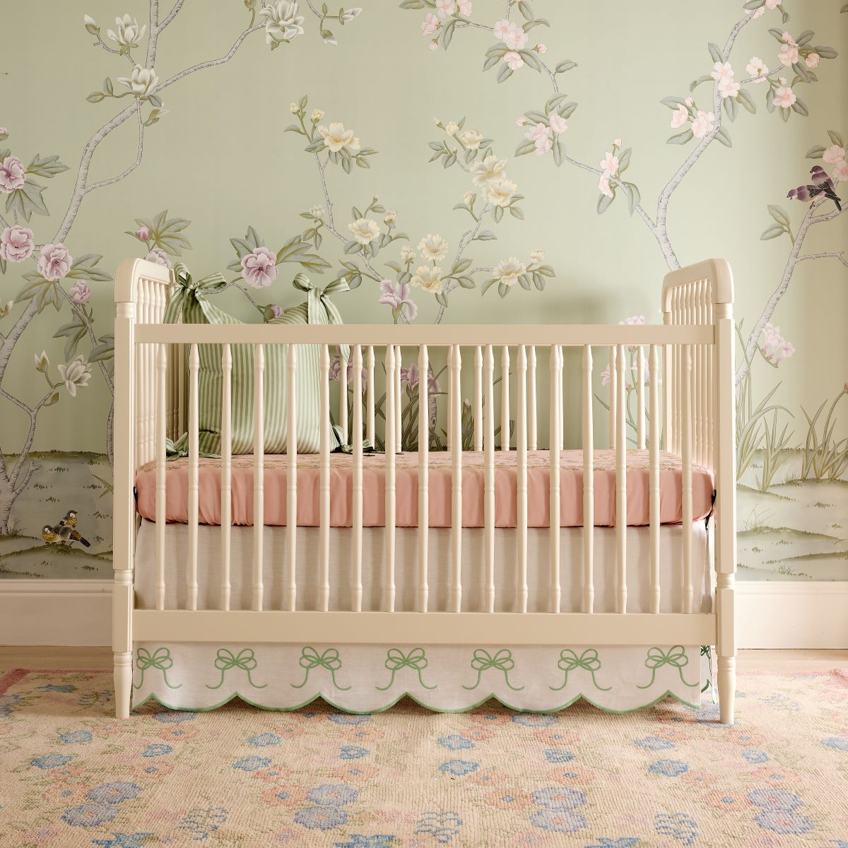 Bow Scalloped Crib Skirt in Garden Green - Caitlin Wilson Design