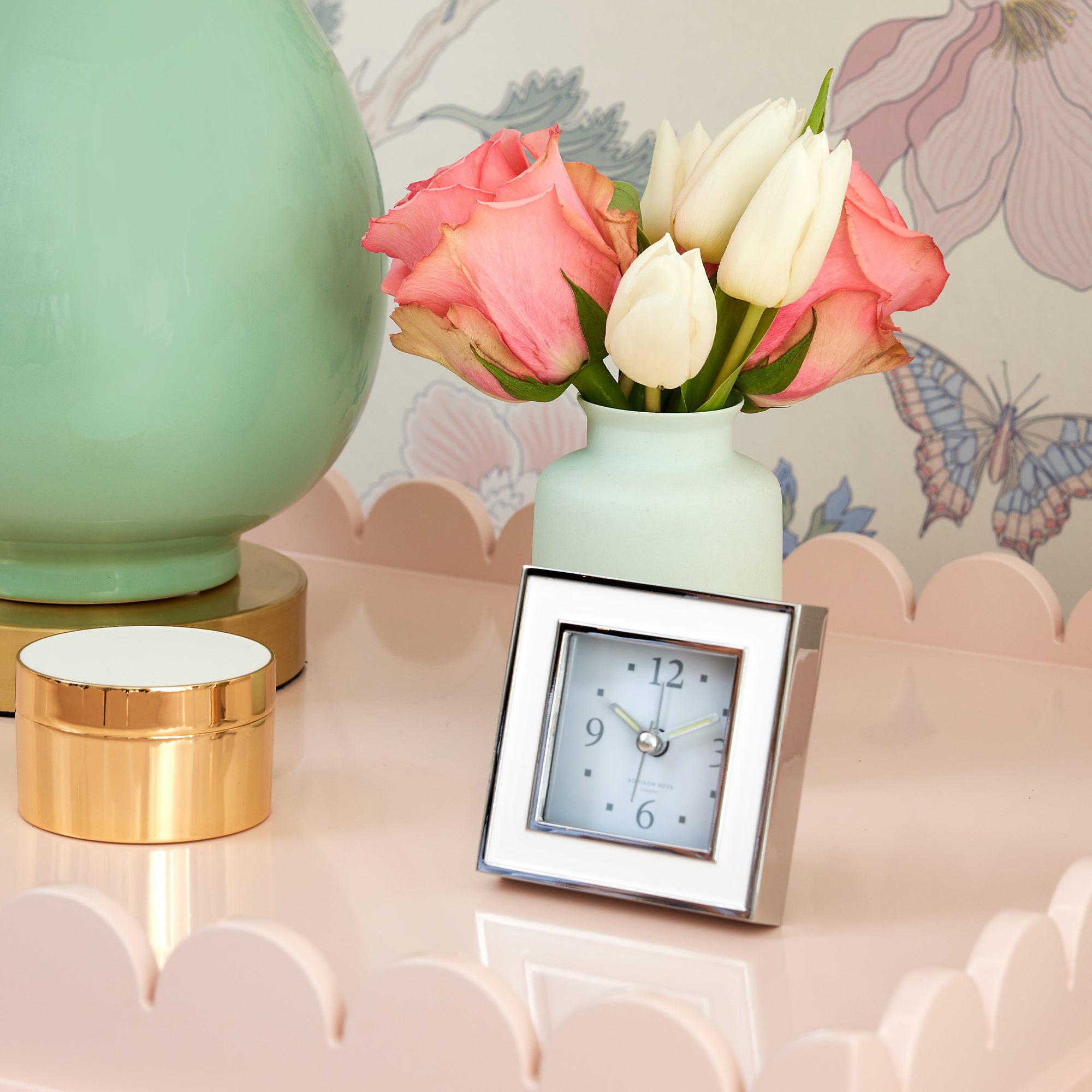 Dove & Silver Square Enamel Alarm Clock