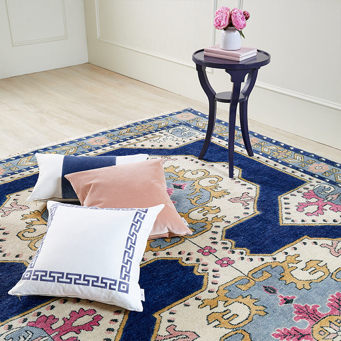 Navy Soleil Wool Rug with Matching Pillows