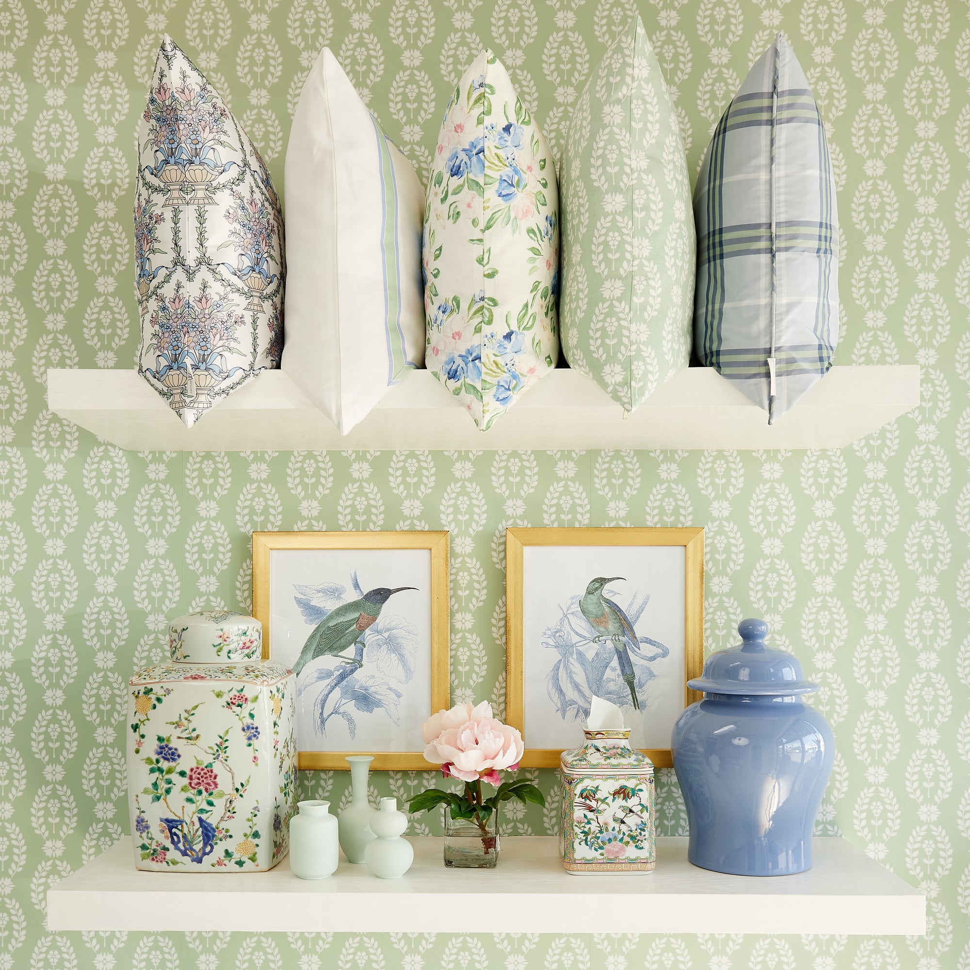 Laurel Green Floral Wallpaper Styled with Coordinating Throw Pillows