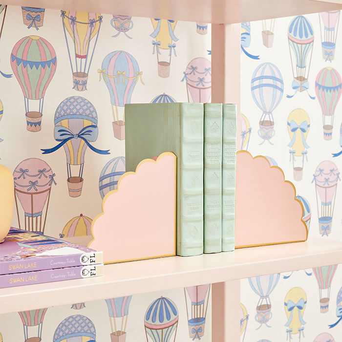 Dreamy Day Hot Air Balloon Wallpaper Behind Bookshelf