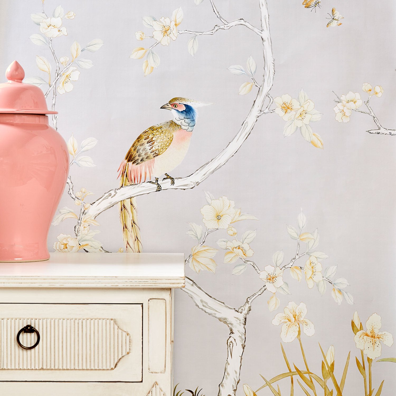 Detail of Traditional Chinoiserie Carlisle Mural Wallpaper in Dove