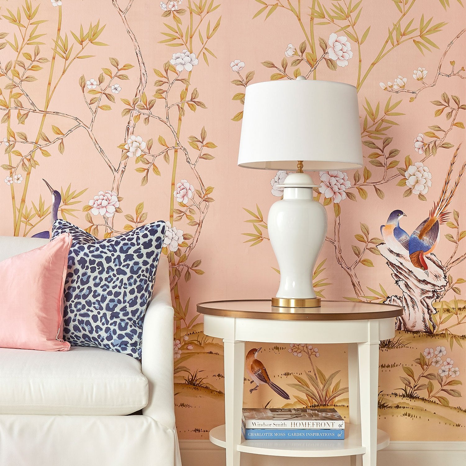 Belfort in Blush Pink Chinoiserie Wallpaper Behind Sofa