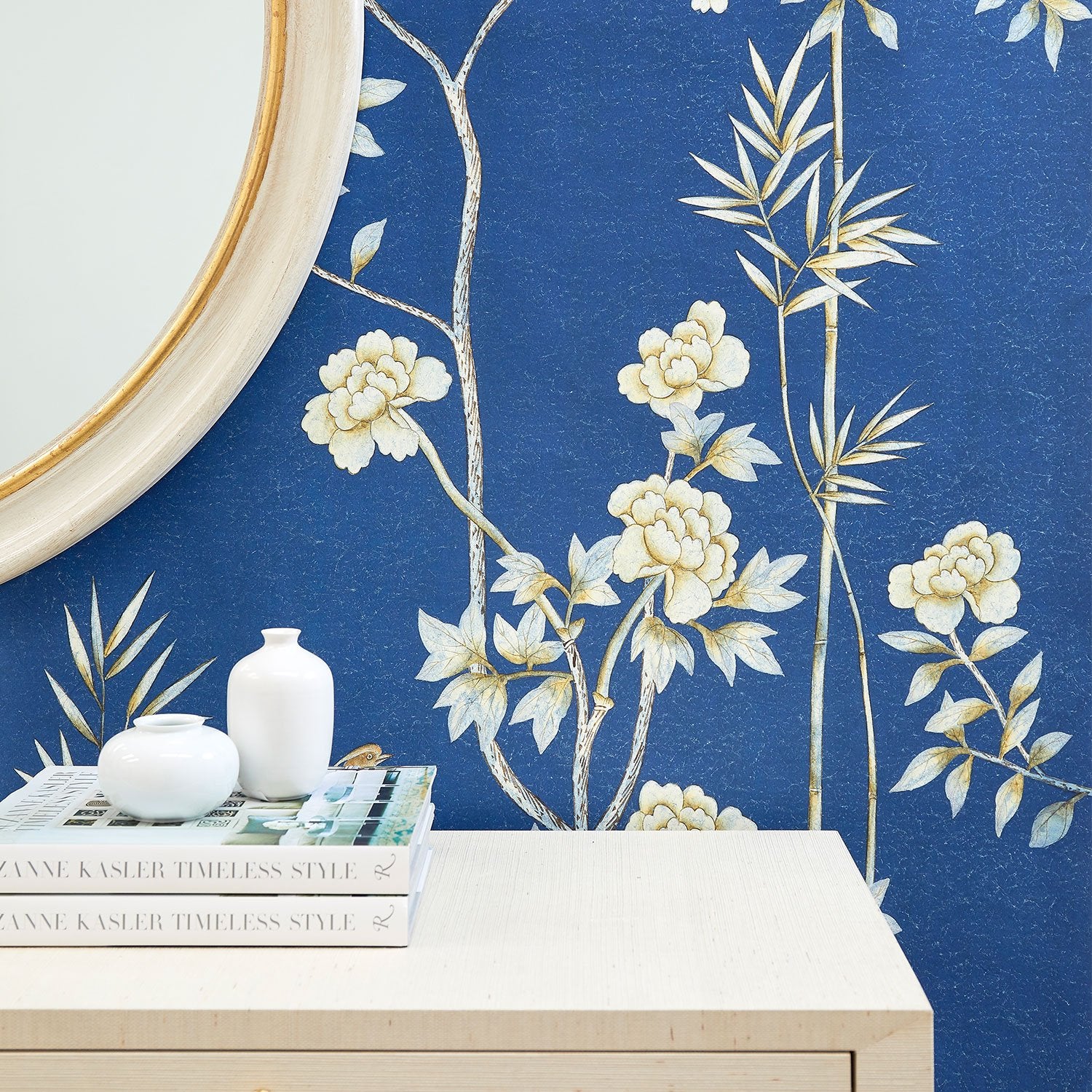 Belfort in Royal Blue Chinoiserie Wallpaper Behind Dresser
