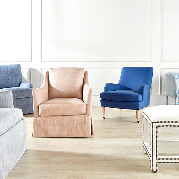 Abigail Swivel Glider in Rose Chambray with Furniture Collection