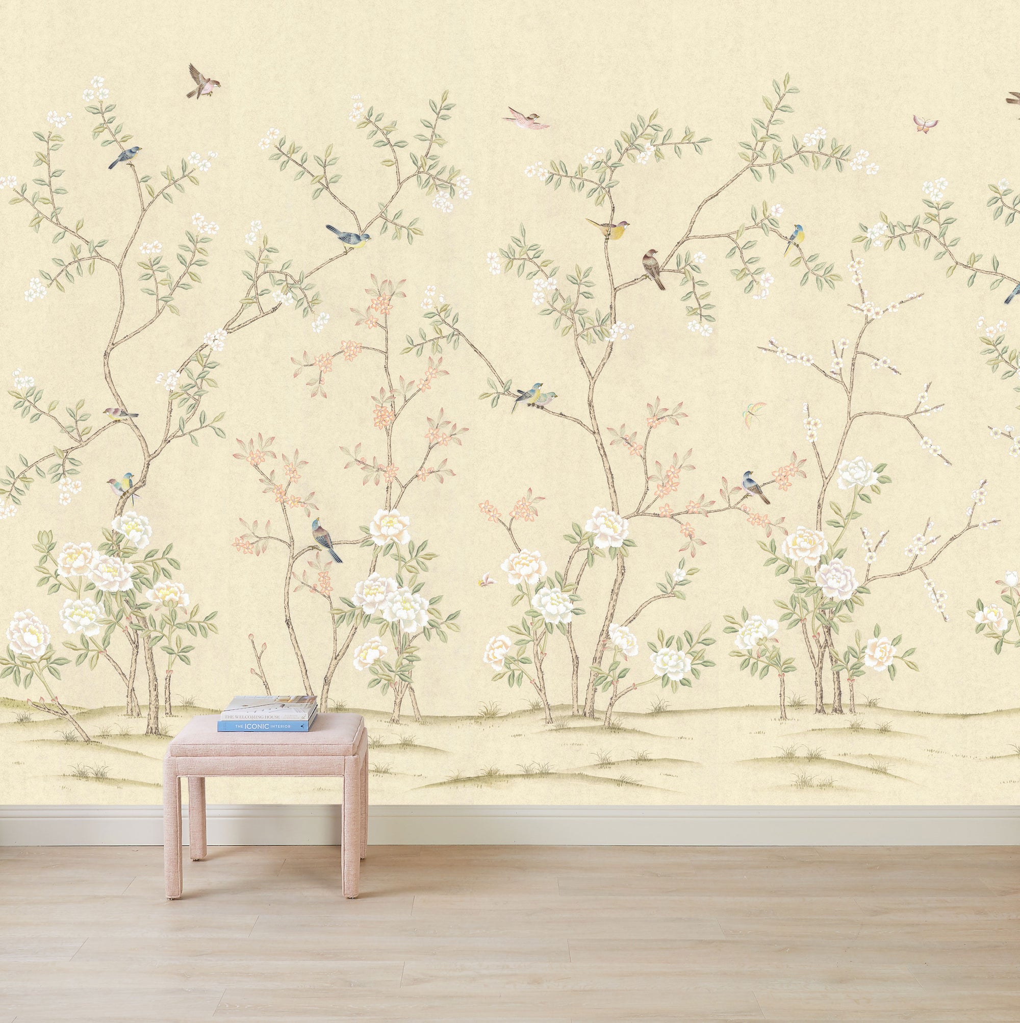 Floral Chinoiserie Wallpaper Mural in Abingdon Cream Design on Wall
