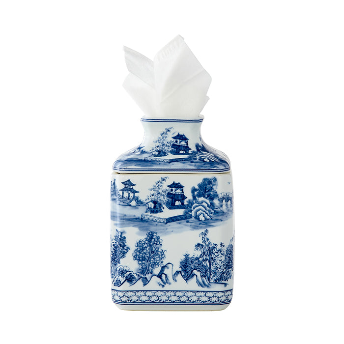Square Chinoiserie Tissue Holder in Blue & White