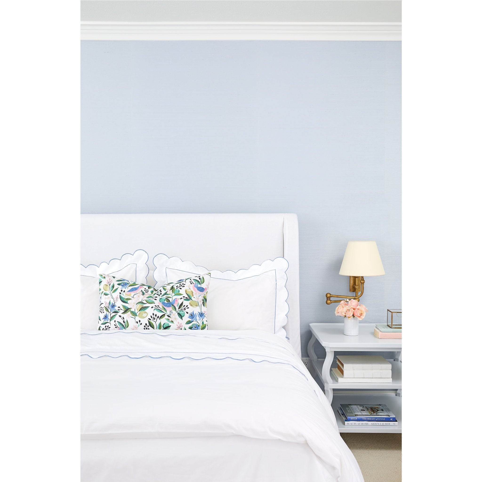 Matouk Butterfield Pillow Shams with Ocean Blue Scalloped Edge on Bed