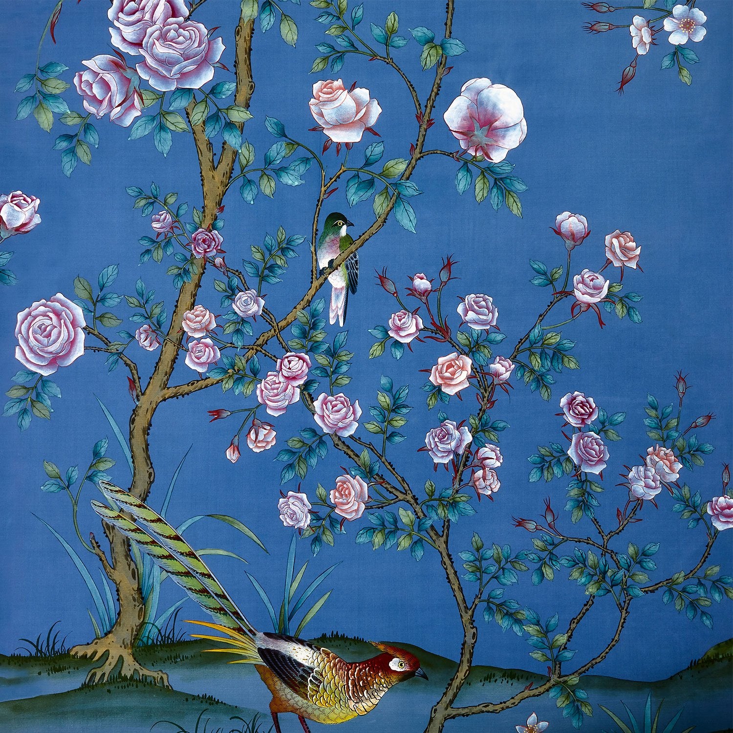Detail of Chinoiserie Wallpaper Mural in Blue Canterbury Design on Roll