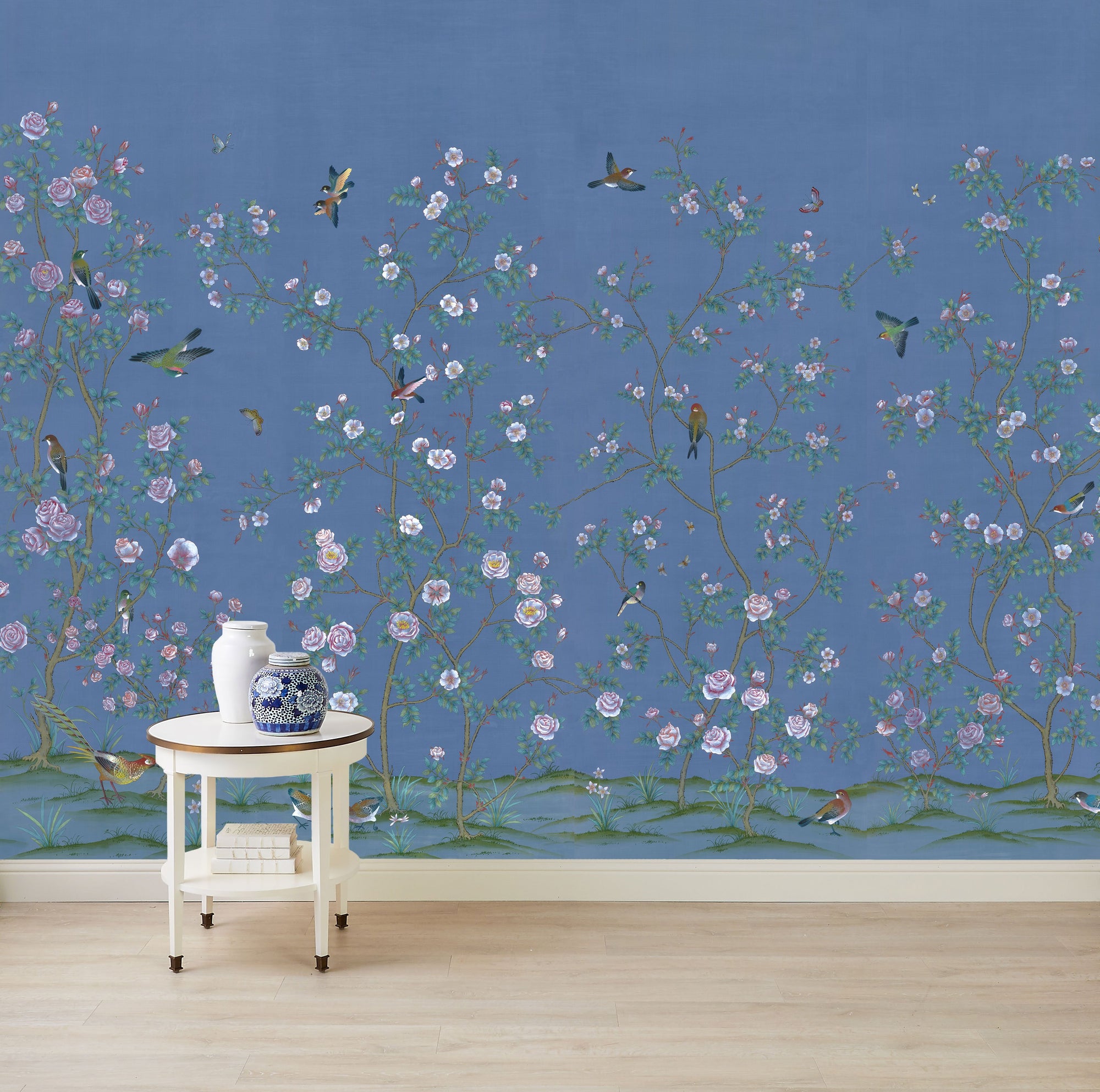 Full Mural of Chinoiserie Wallpaper in Blue Canterbury Design on Wall