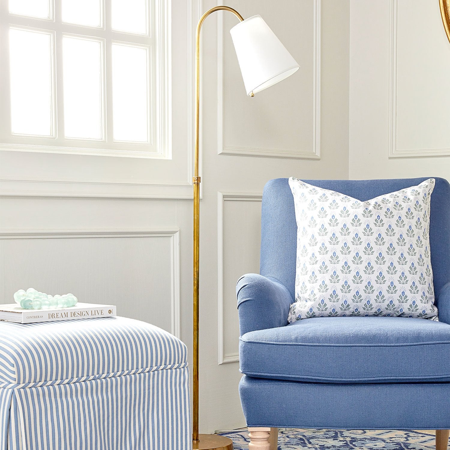 Scarlett Brass Floor Lamp with White Share in Room