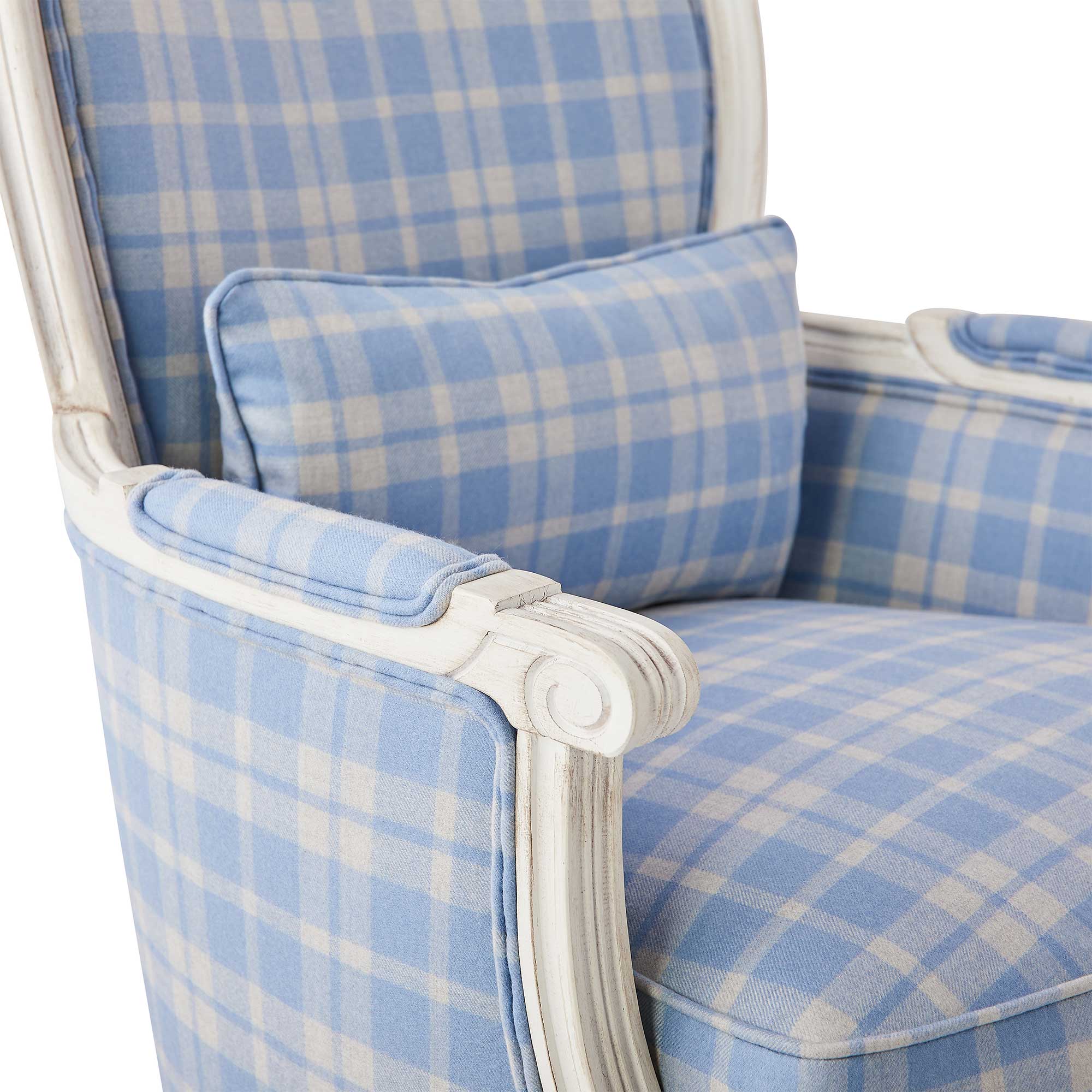 Detail on Art of Adele Lounge Chair in Blue Plaid