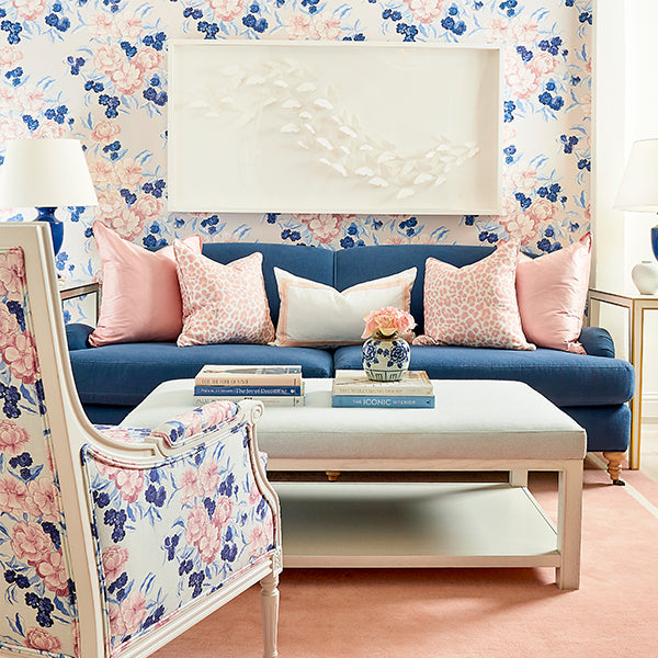Midnight Hampton Blue Abbott Sofa in Floral Living Room