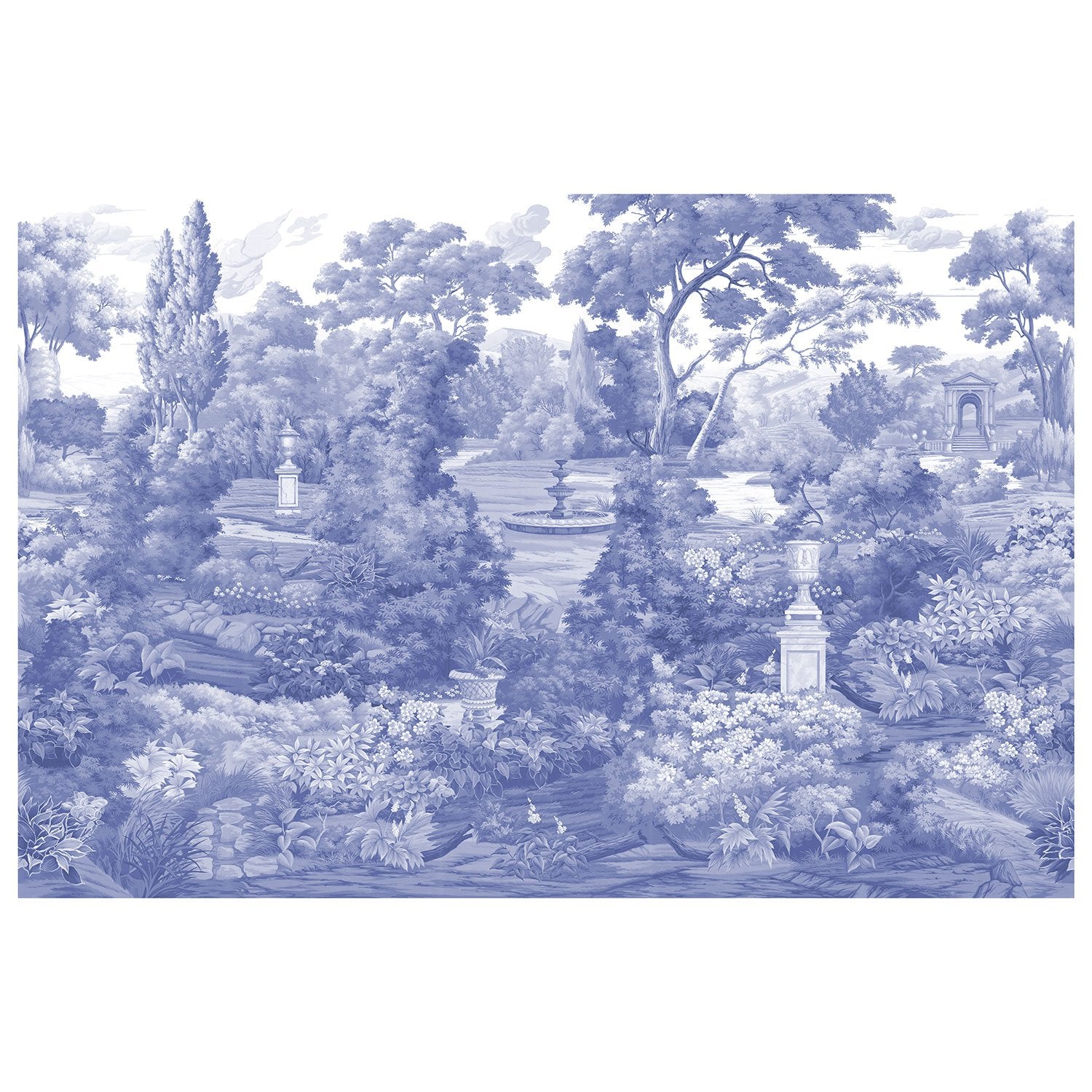 Full View of Jardin in Blue Chinoiserie Mural Wallpaper