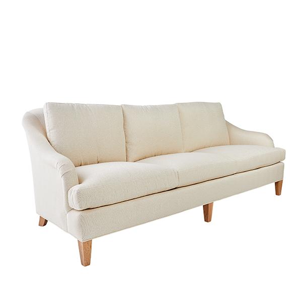 Natalie Sofa in Soft Biscuit Fabric with Sloped Arms and Wood Legs