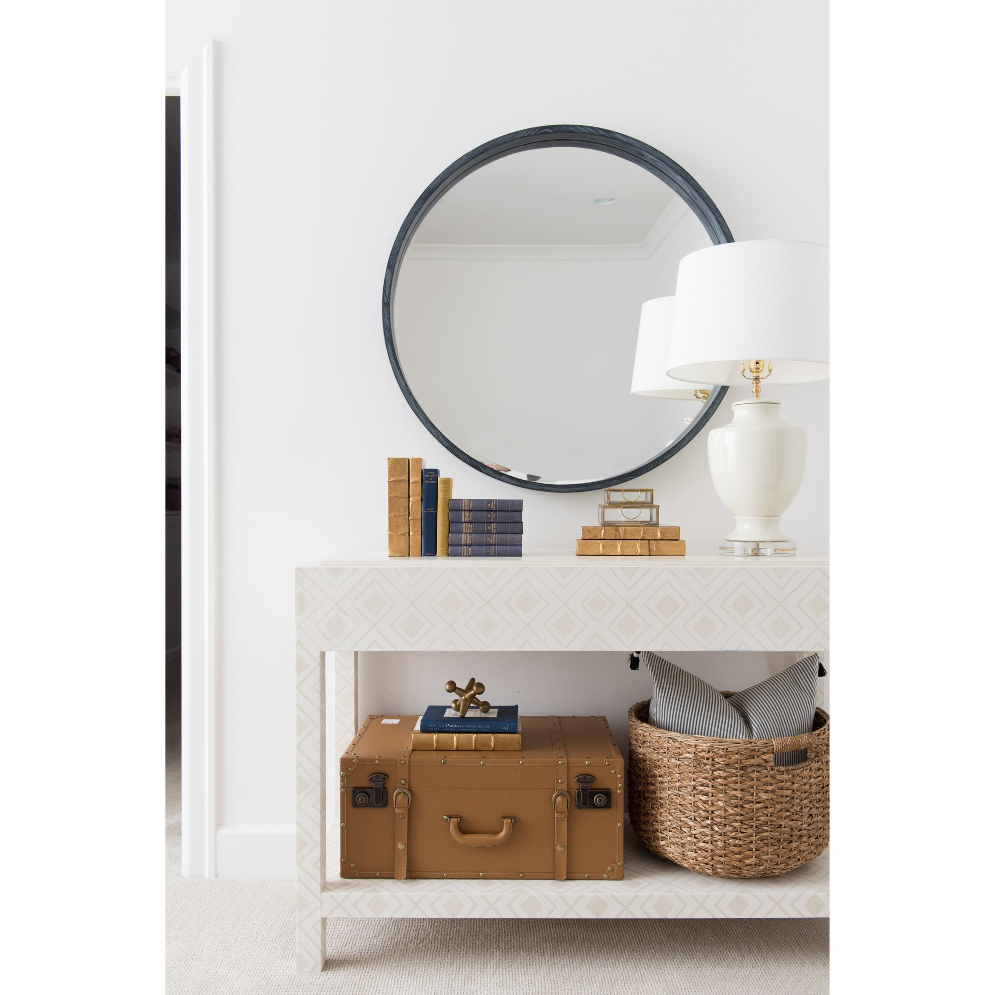 Abbott Round Mirror with Blue Gray Frame on Wall