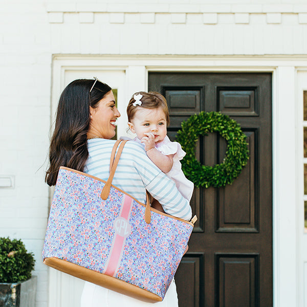 Mom Carrying Barrington St. Anne Diaper Bag in Posy Petal