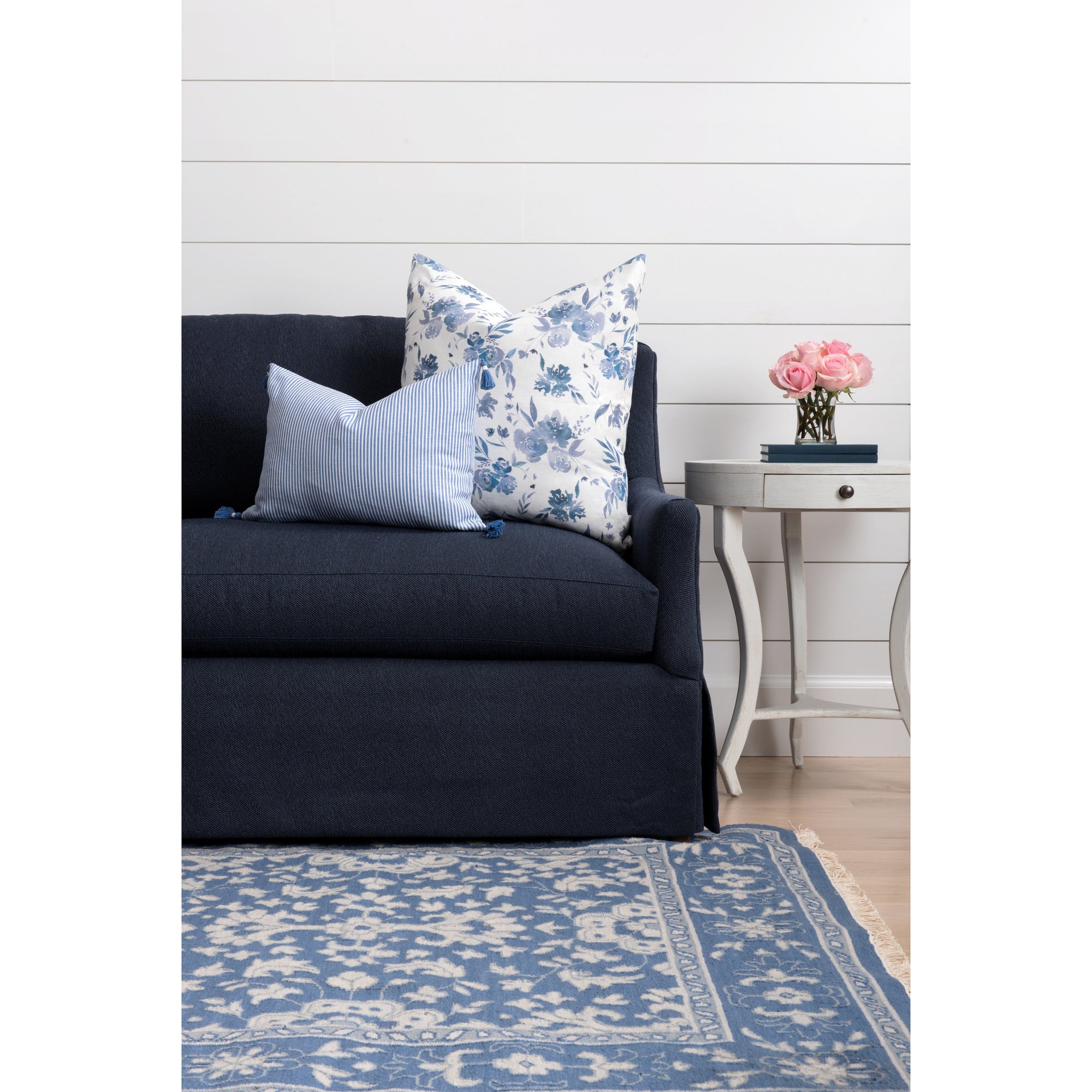 French Blue Flat Weave Emma Rug in Living Room