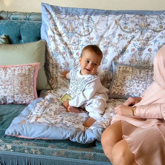 Baby Sitting with Pink Toile de Jouy Satin Pillow from collaboration with Atelier Choux