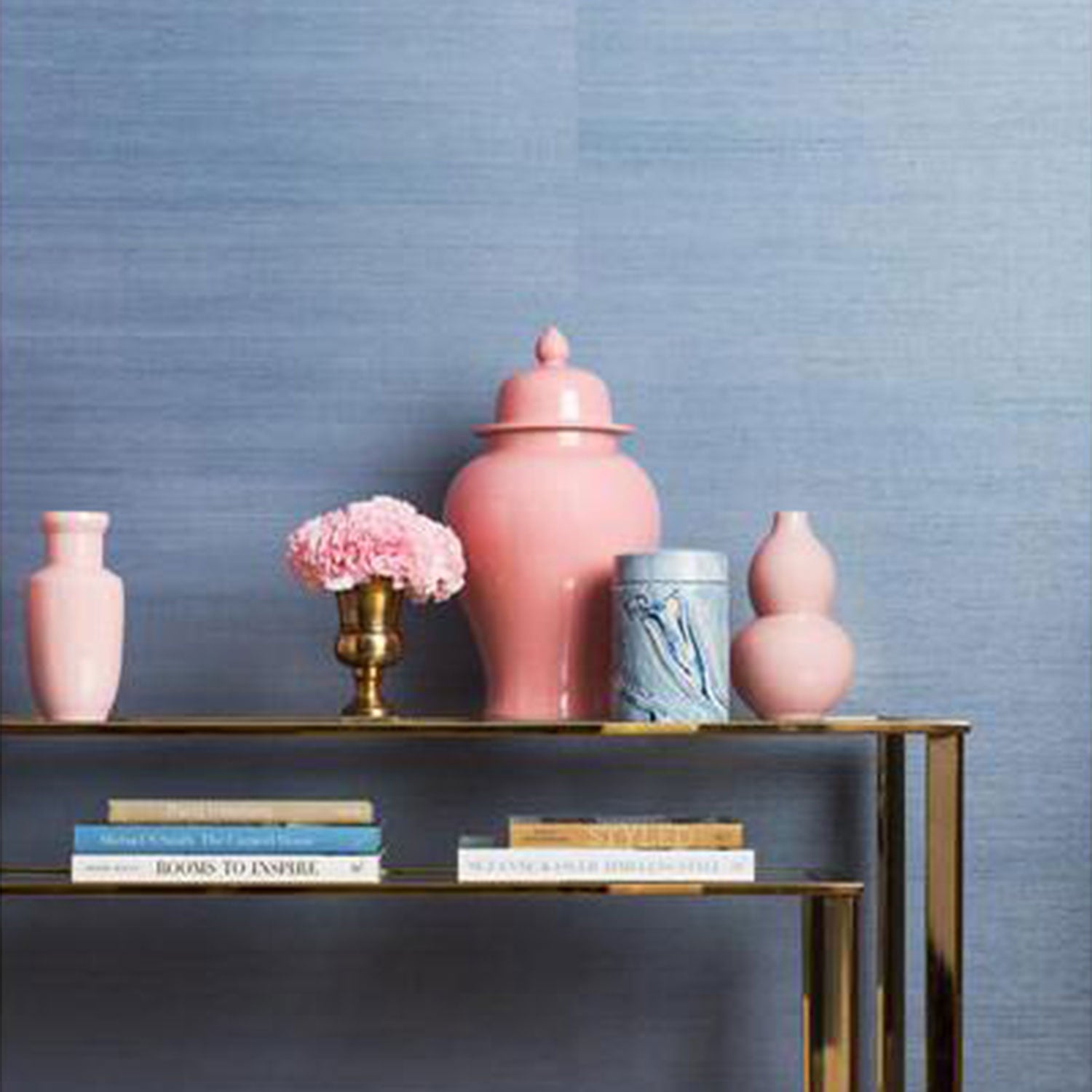 Grasscloth Wallpaper in Dusty Blue on Wall Behind Table