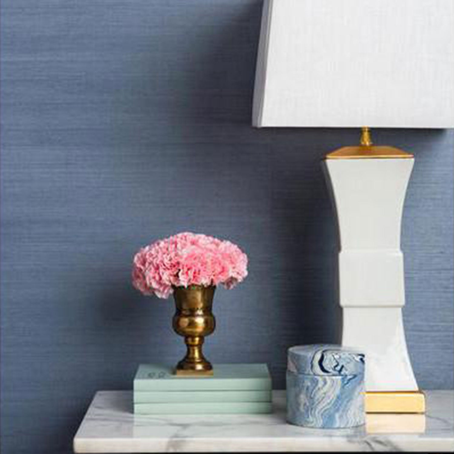 Grasscloth Wallpaper in Dusty Blue on Accent Wall