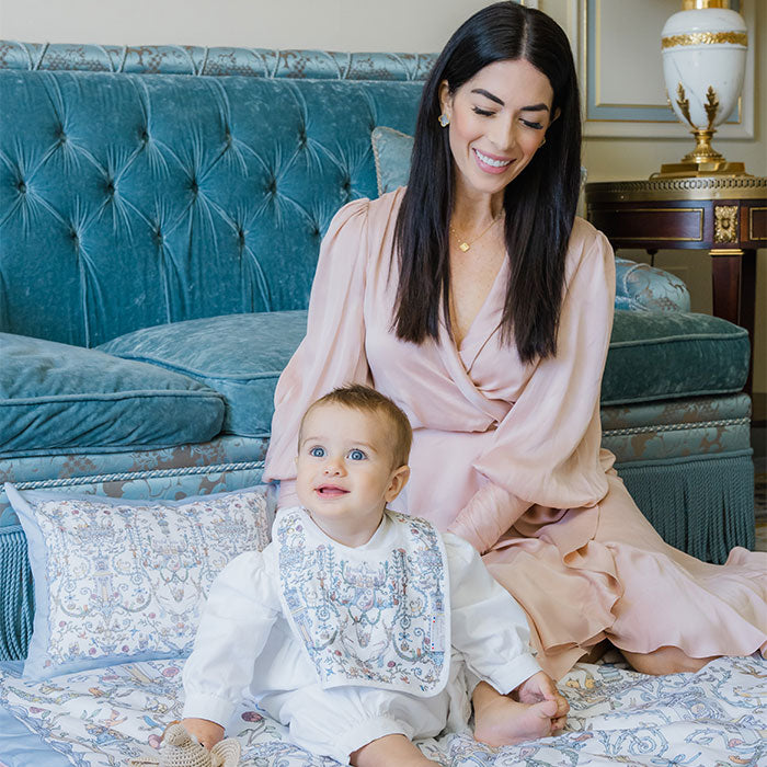 Satin Pillow Toile de Jouy Blue with Matching Baby Bedding and Bib