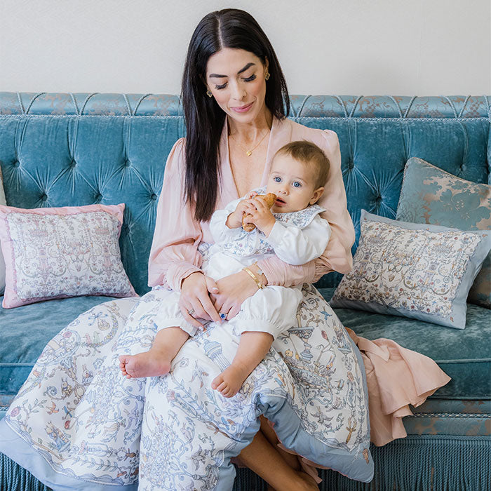 Satin Pillow Toile de Jouy Blue on Sofa