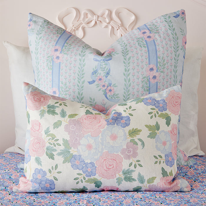 Elizabeth Feminine Floral Throw Pillow Styled in Bedroom