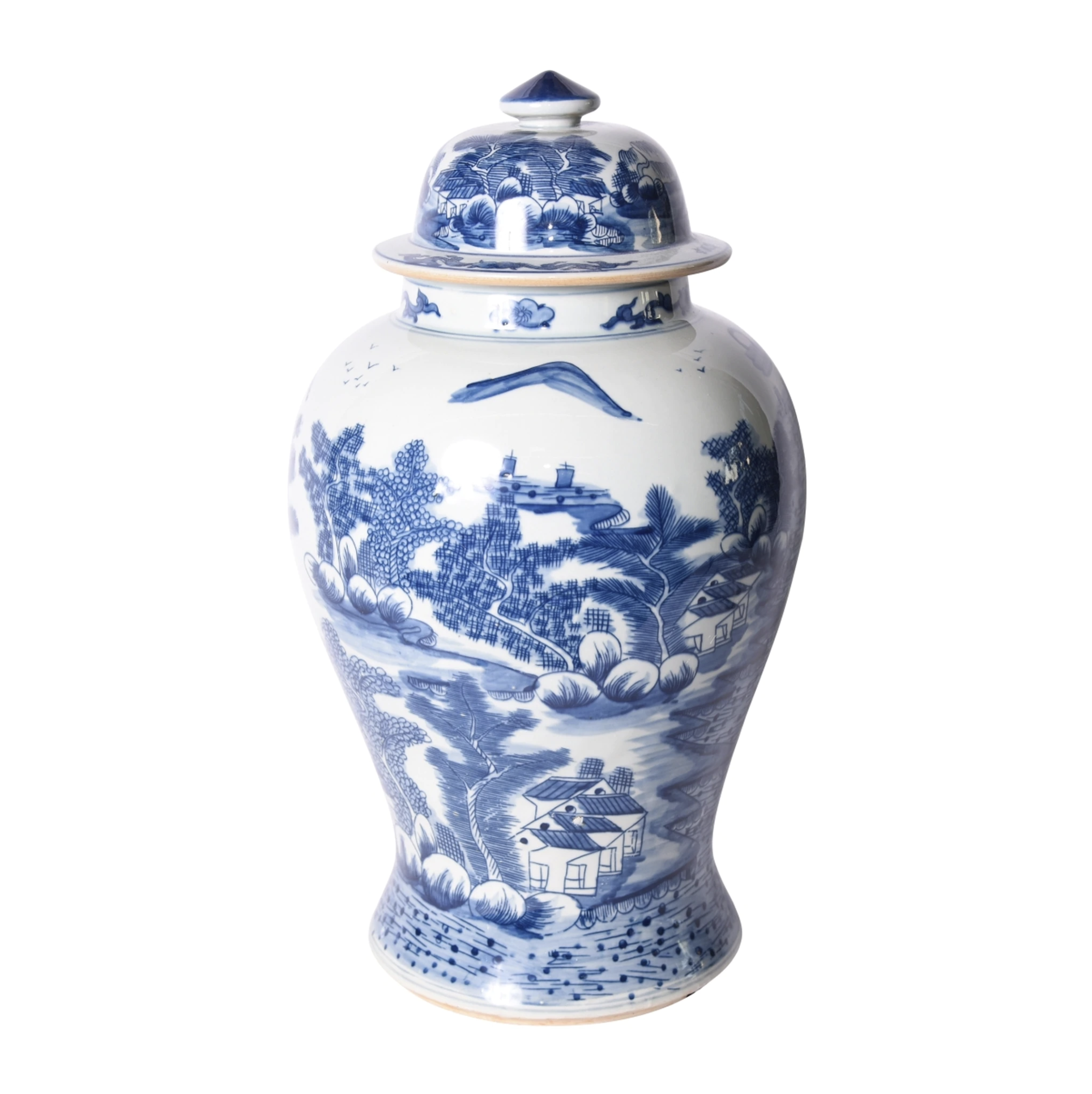 Blue & White Landscape Temple Jar