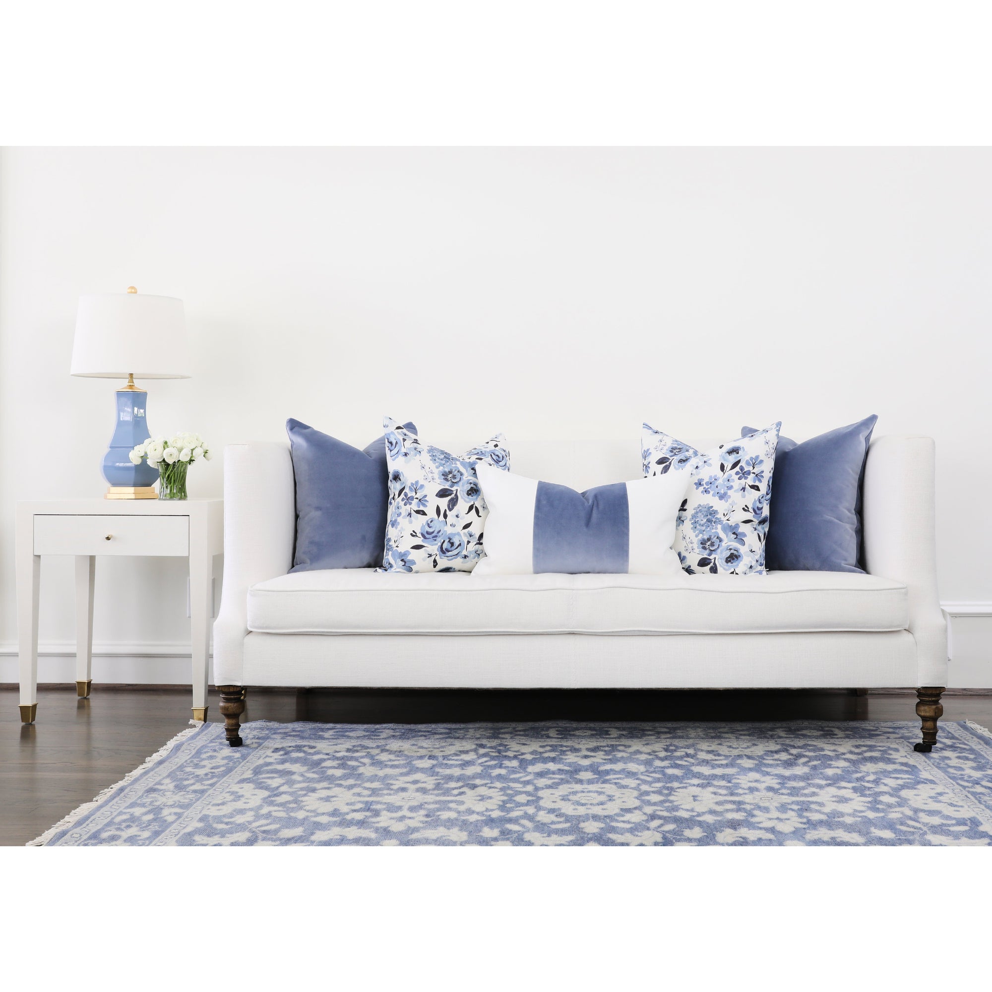 Eventide Blue Velvet Broad Stripe Pillow in Living Room
