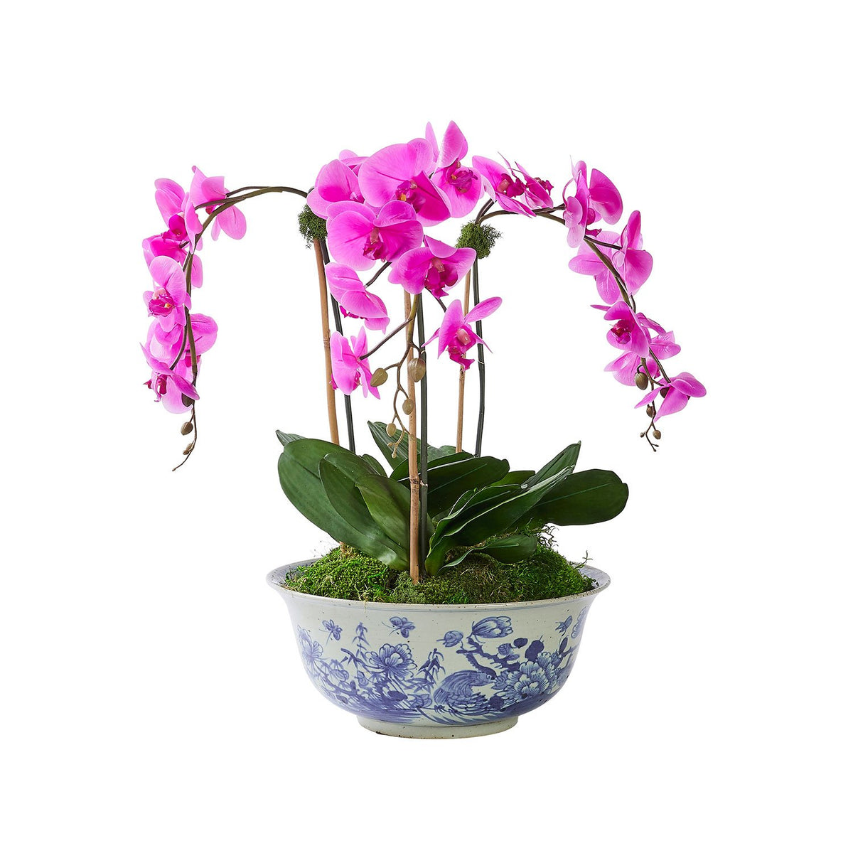 Faux Triple Fuchsia Orchid in Traditional Ceramic Oiseau Bowl