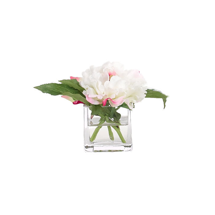 Faux Peony in Clear Glass Vessel