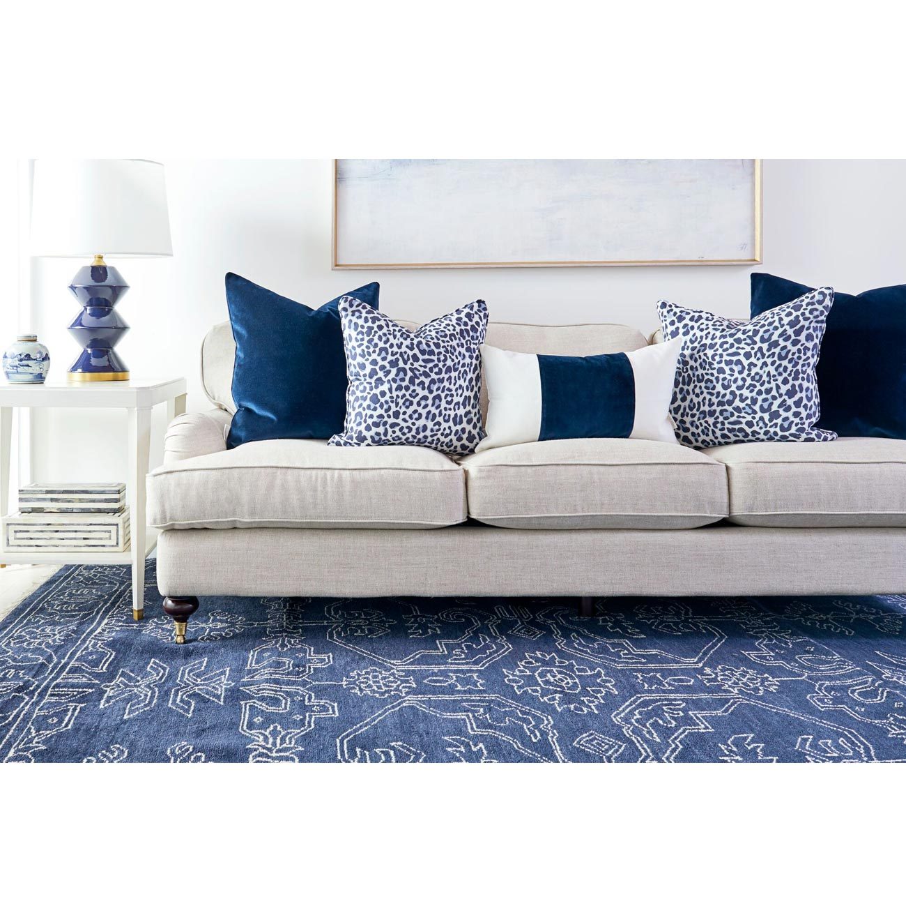 Navy Leo Leopard Print Pillows in Living Room