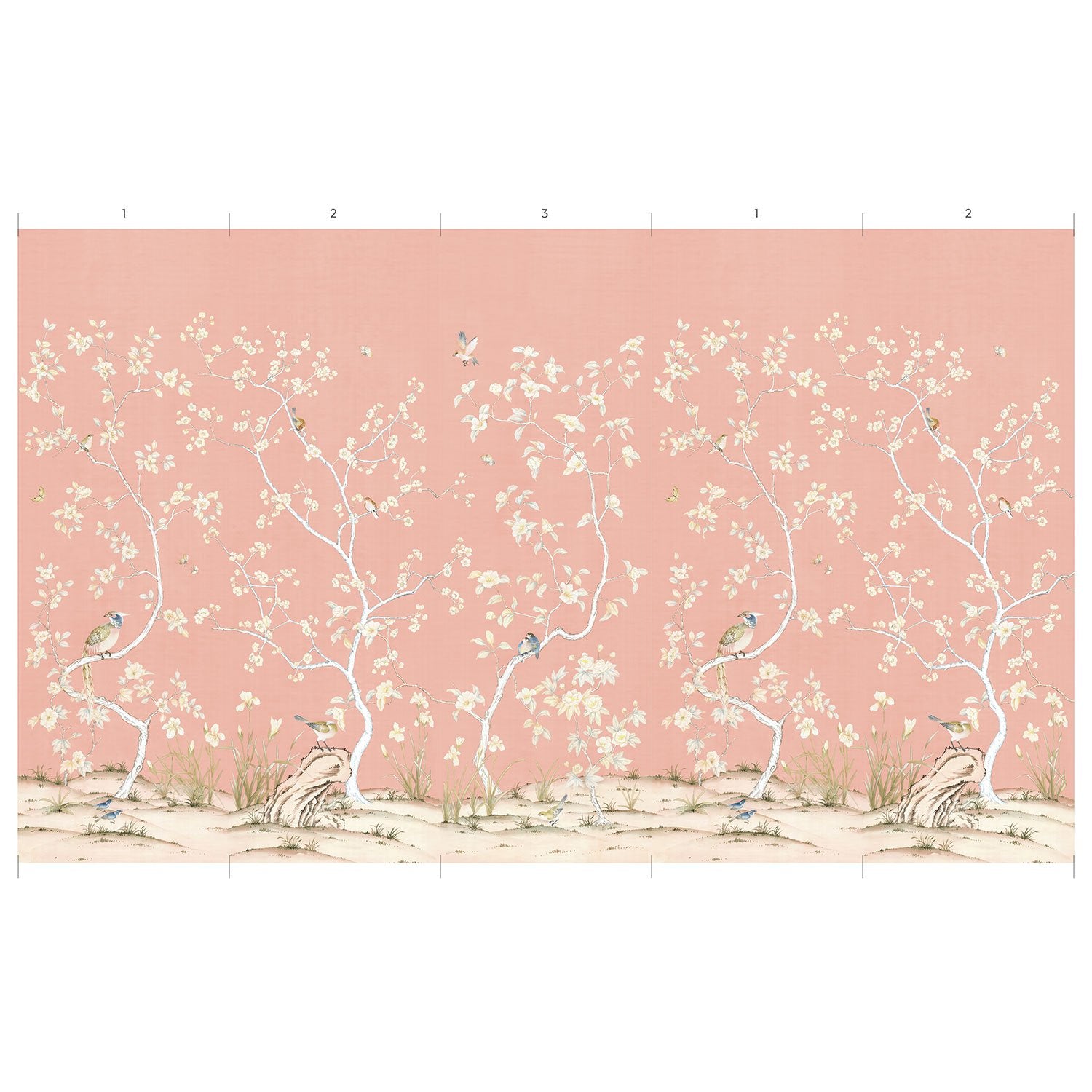 Mural Design Panels in Traditional Chinoiserie Carlisle Wallpaper in Coral