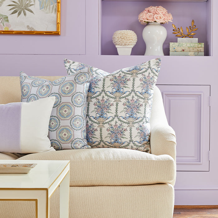 Lilac Purple Velvet Broad Stripe Throw Pillow in Living Room